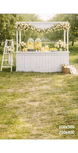 Tło fotograficzne „Elegancki biały stragan z lemoniadą i kwiatami w sadzie” | 4015